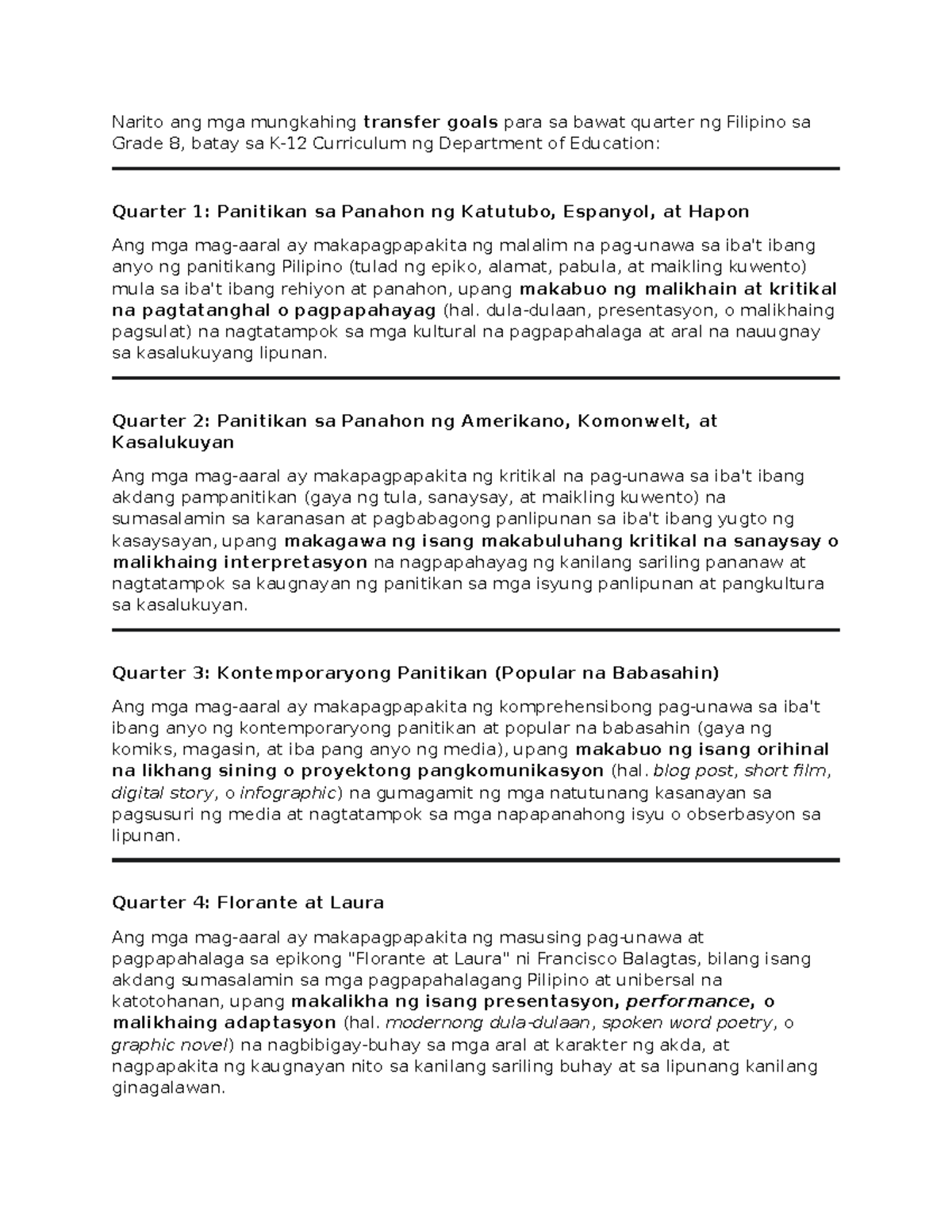 Grade 8 Filipino Transfer Goals: Quarterly Objectives and Activities ...