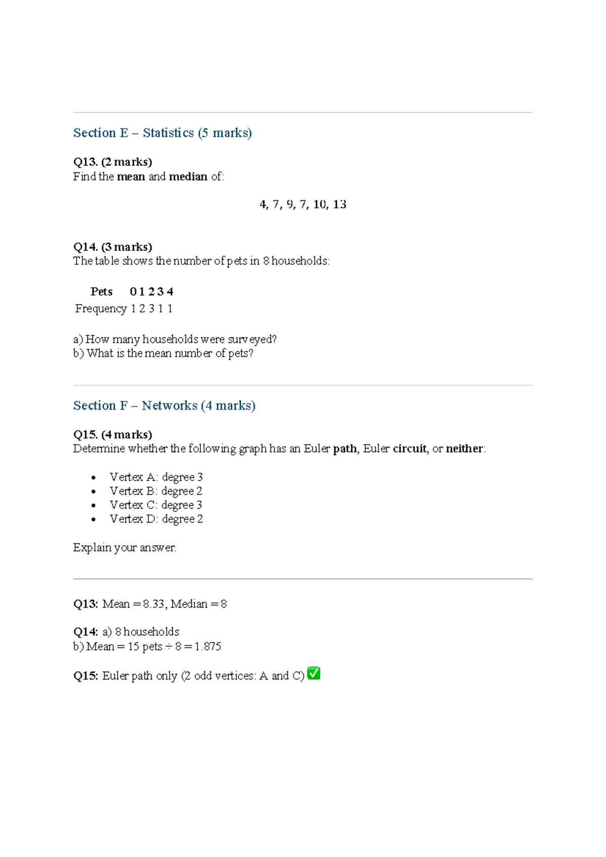 Maths Practice: Statistics & Networks (Section E & F) - Studocu