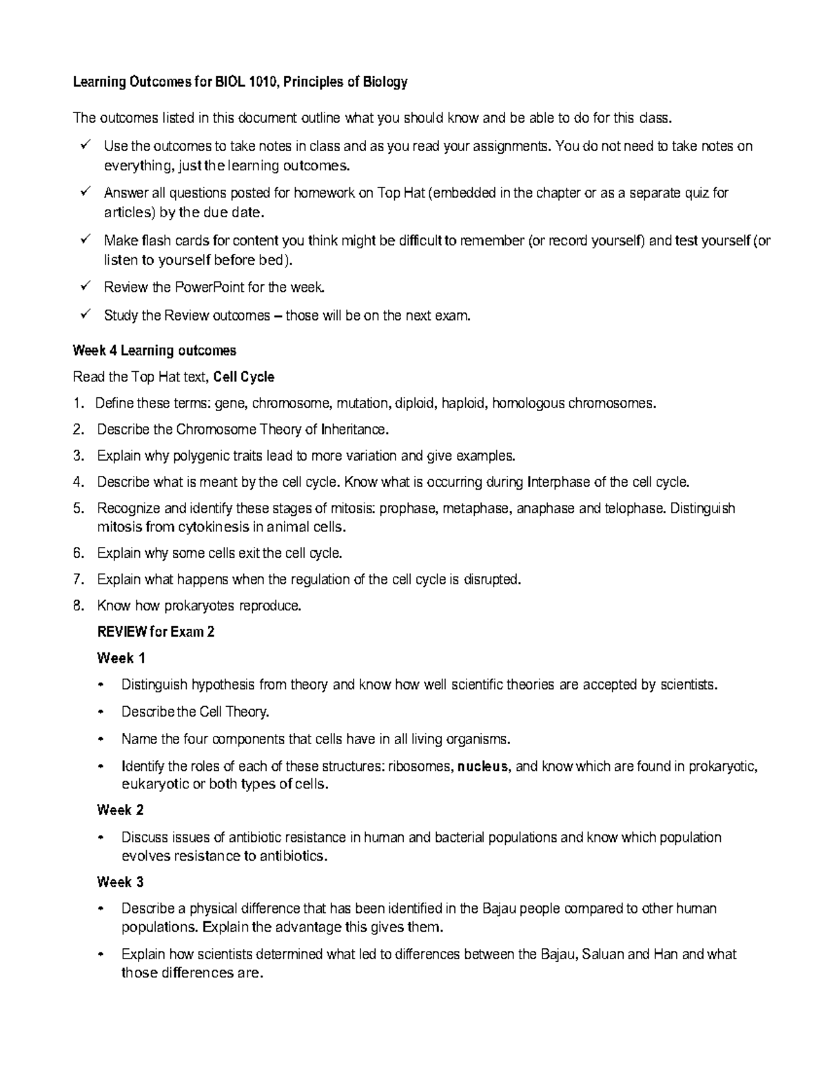BIOL 1010 Exam 2 Learning Outcomes & Review: Principles in Biology ...