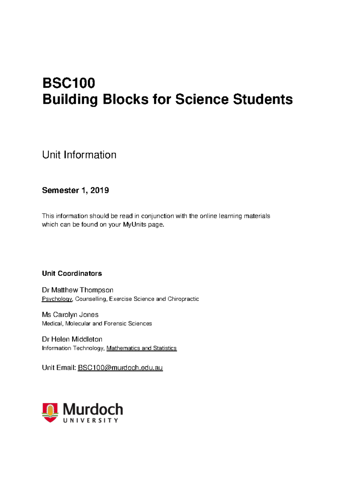 BSC100 Building Blocks for Science Students - Unit Info S1 2019 - Studocu
