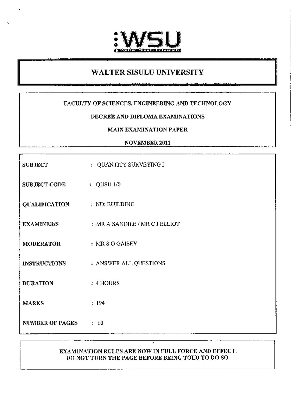 QUSU 1 TEST 1: Quantity Surveying 1 Exam Questions & Answers - Studocu