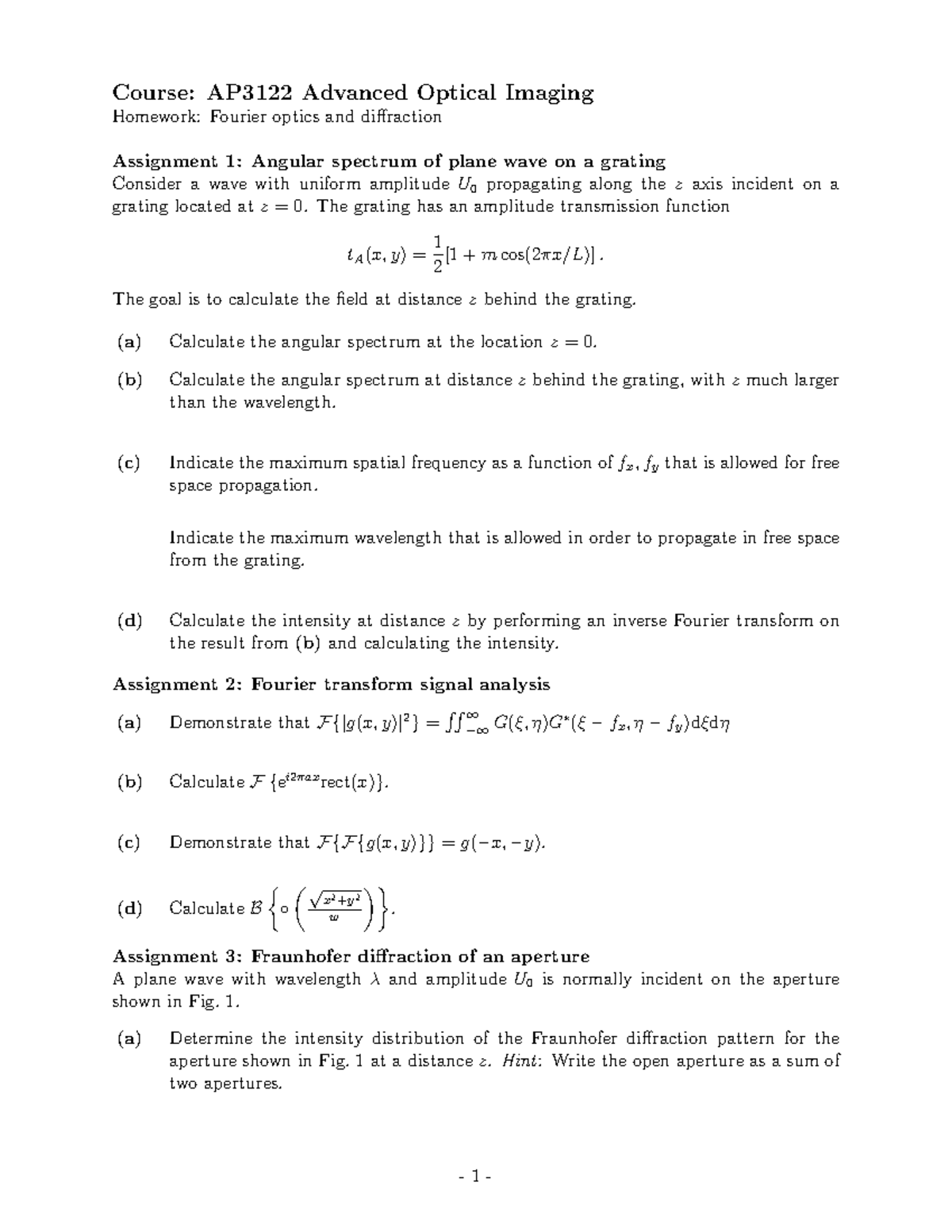 AP3122 Homework 1 Solutions: Fourier Optics & Diffraction - Studeersnel
