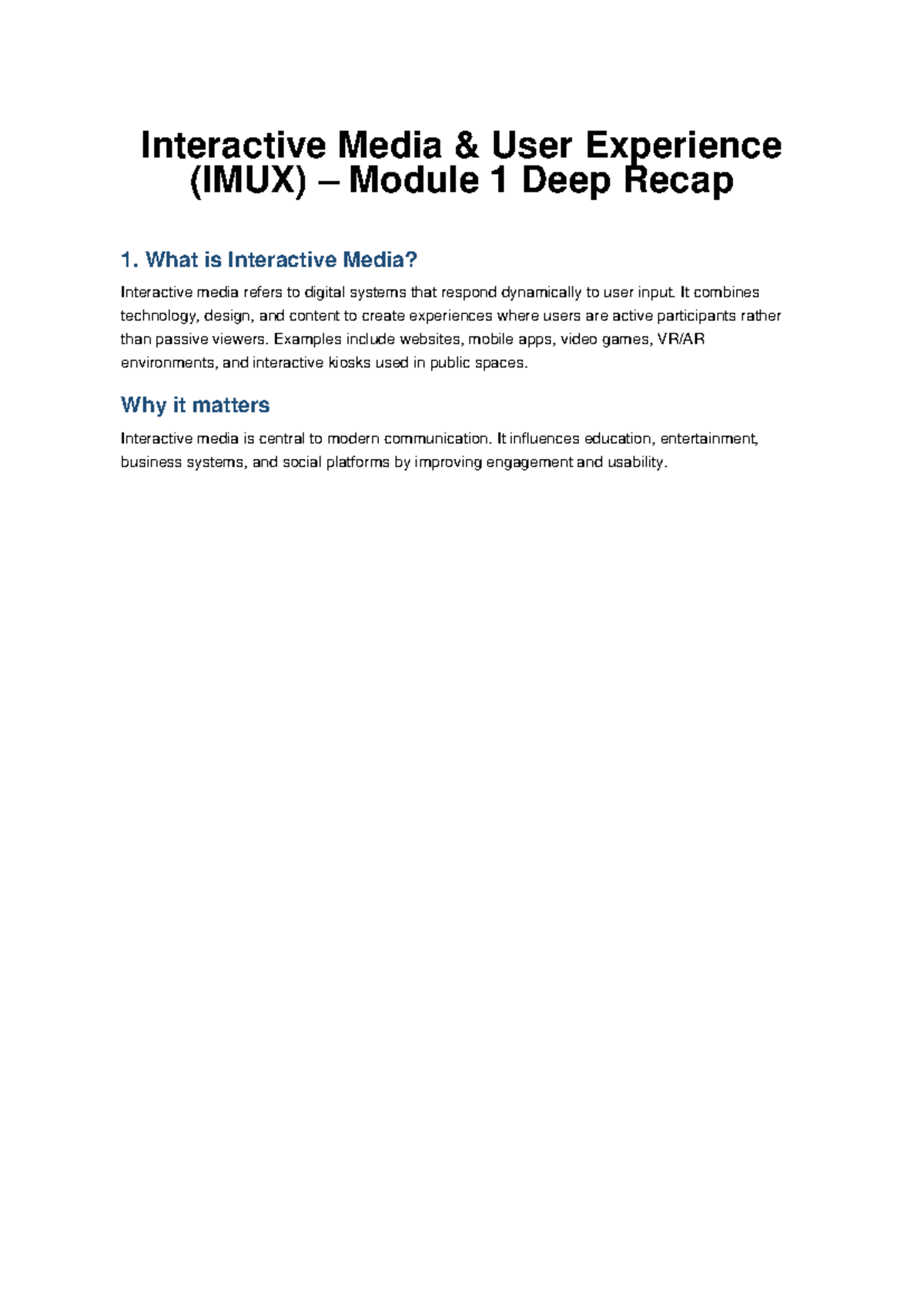 IMUX Module 1: In-Depth Overview of Interactive Media Systems - Studocu