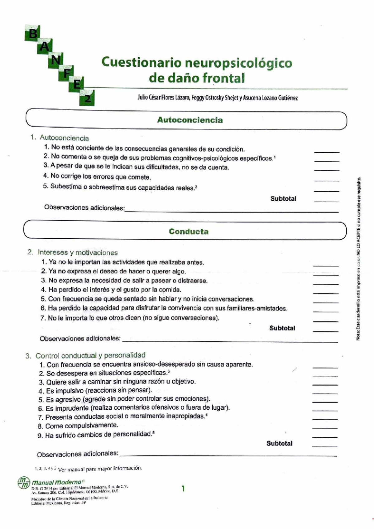 Protocolo de Evaluación Neuropsicológica BANFE 2 - Studocu