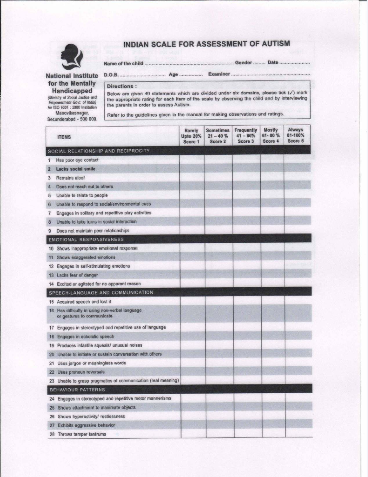 Autism assessment scale - Practical guide for evaluation - Studocu
