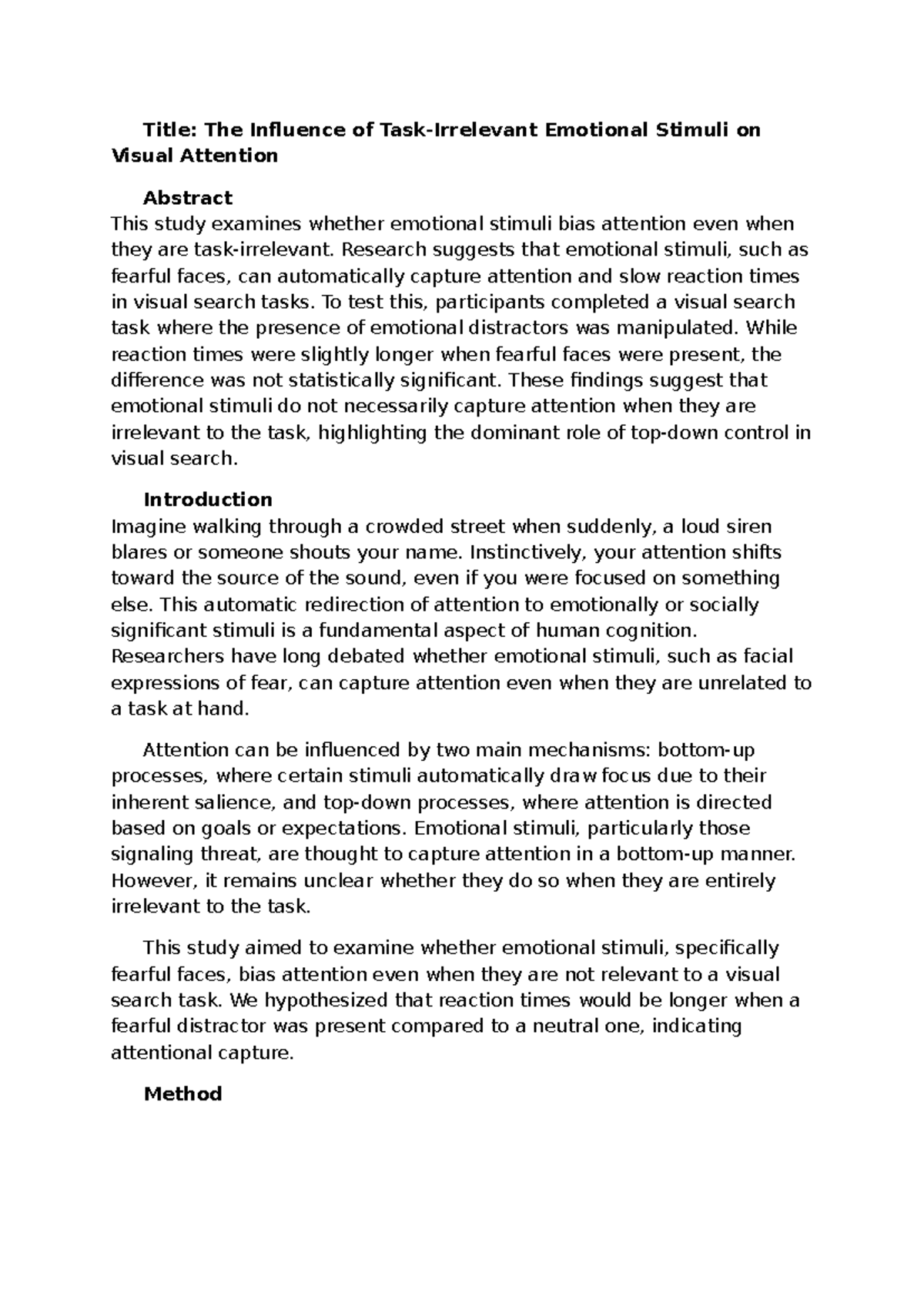 The Influence of Emotional Stimuli on Visual Attention: MY Report ...