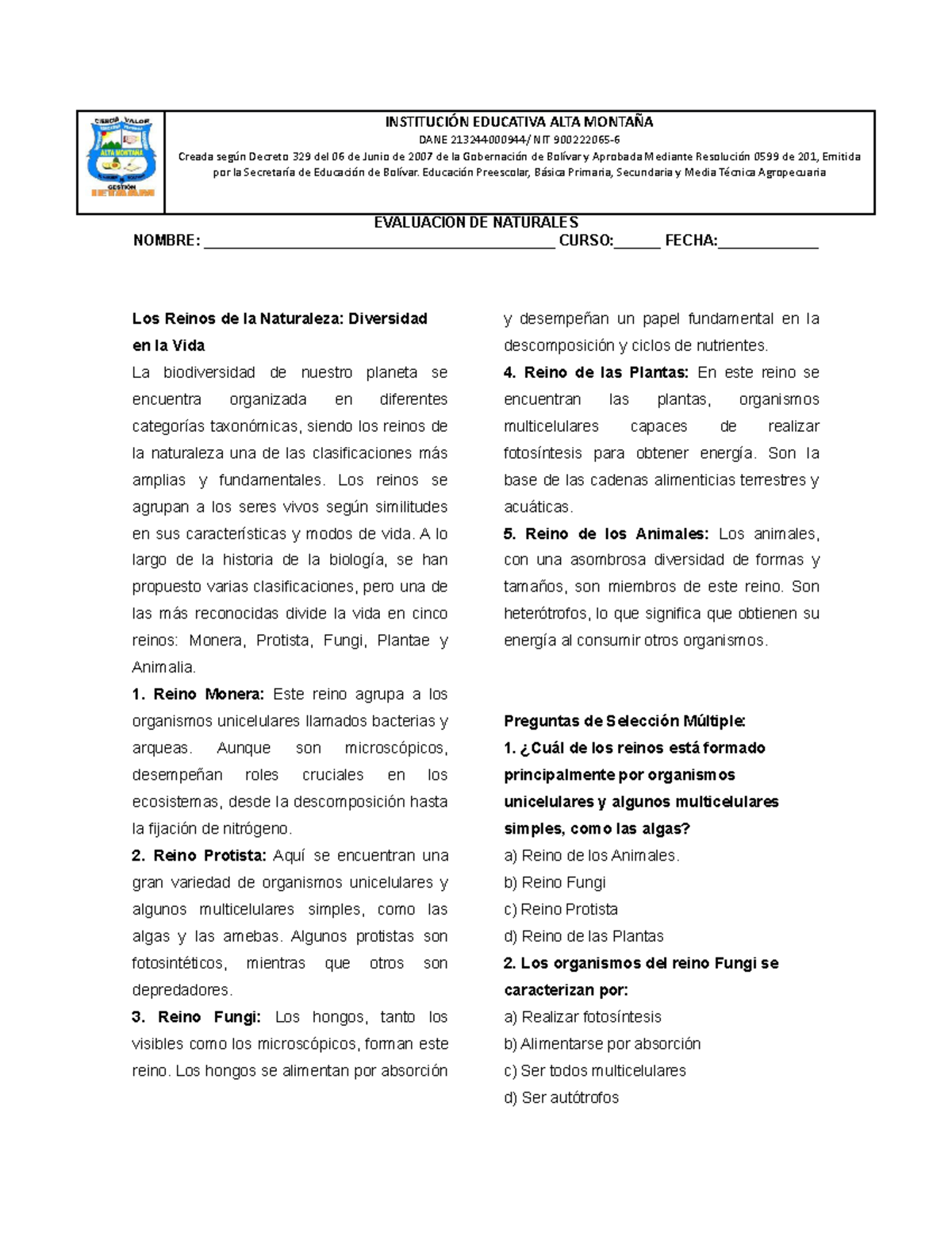 Examen de Naturales - Reinos de la Naturaleza y Digestión - Studocu