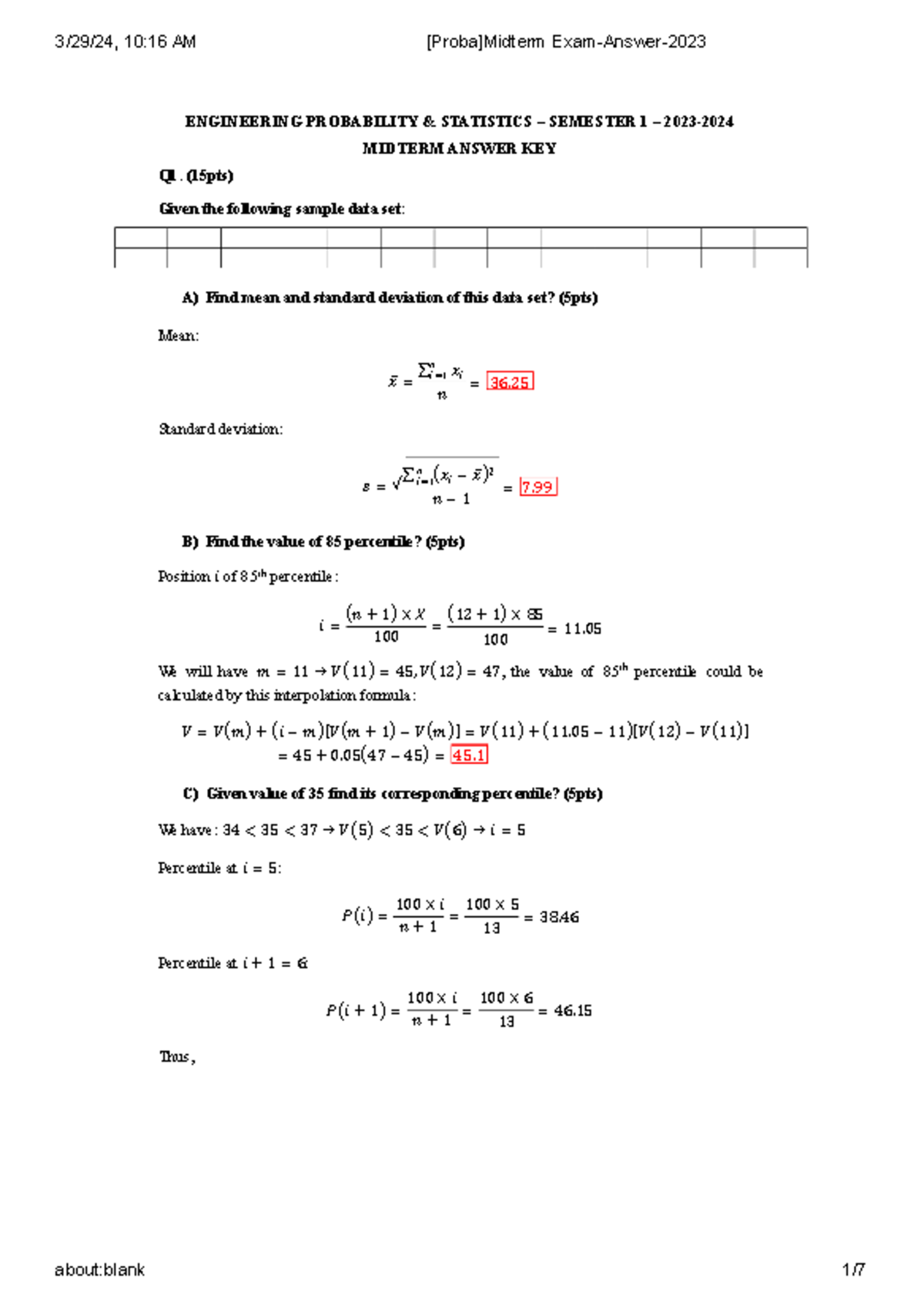 ENG PROBABILITY STATISTICS SEM 1 MIDTERM ANSWER KEY 2023 - Studocu