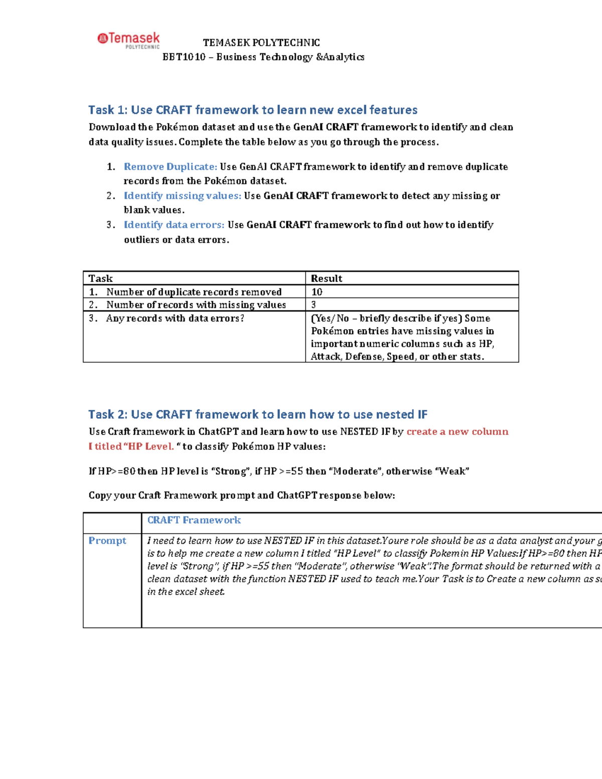 BBT1010 Task 1 & 2: Excel CRAFT Framework Application - Studocu