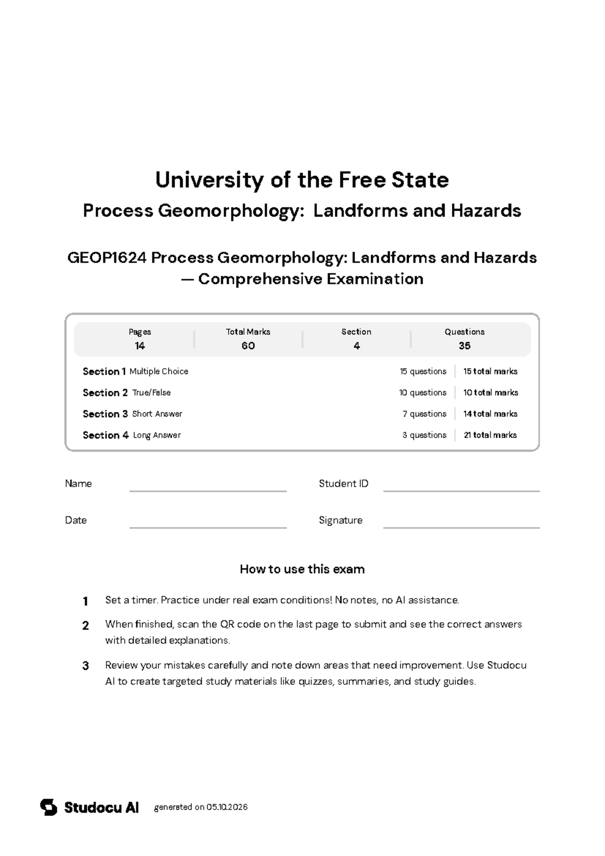 GEOP1624 Process Geomorphology: Comprehensive Exam - Studocu