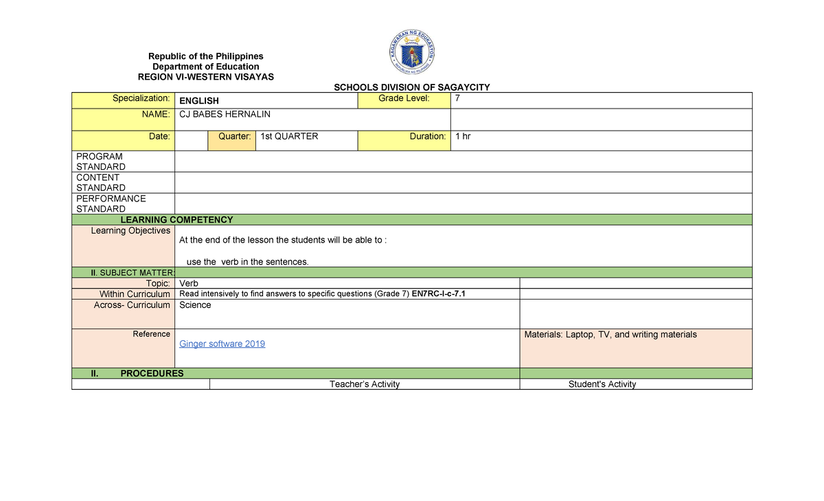 CJLP-2 - Grade 7 English Lesson Plan on Verbs for 1st Quarter - Studocu
