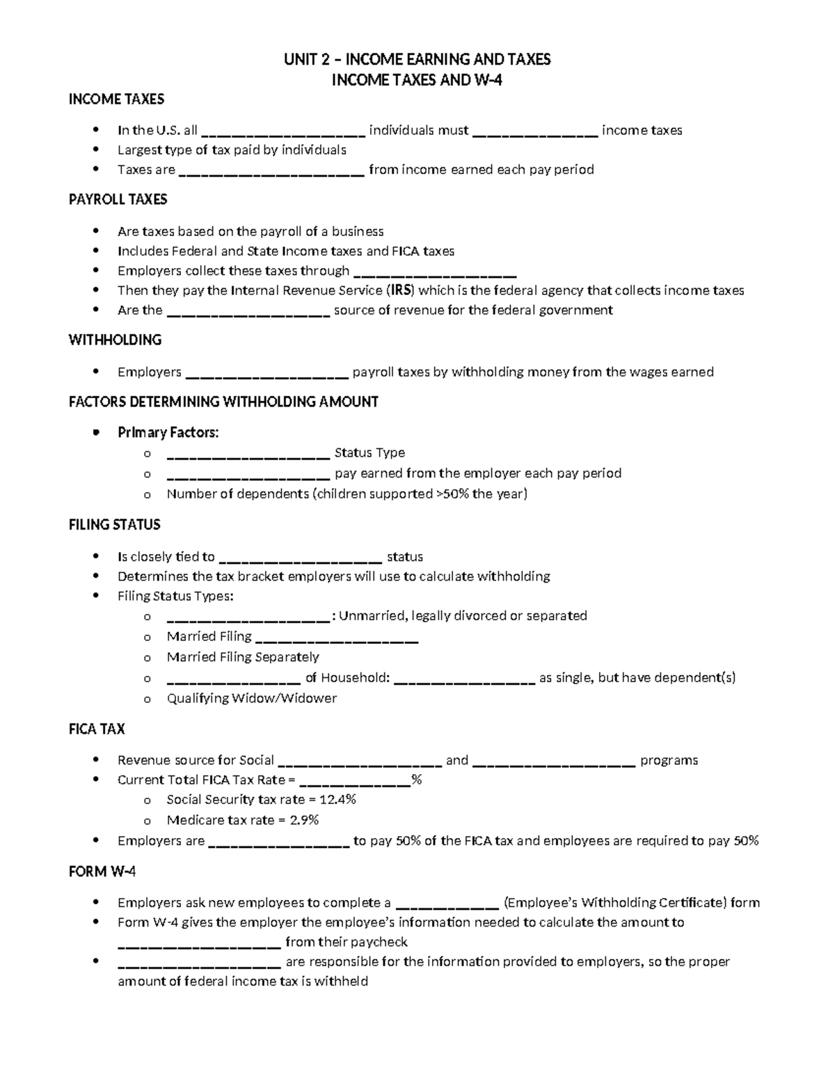Unit 2 - Income and Taxes - Income Taxes and W-4 Notes - UNIT 2 ...