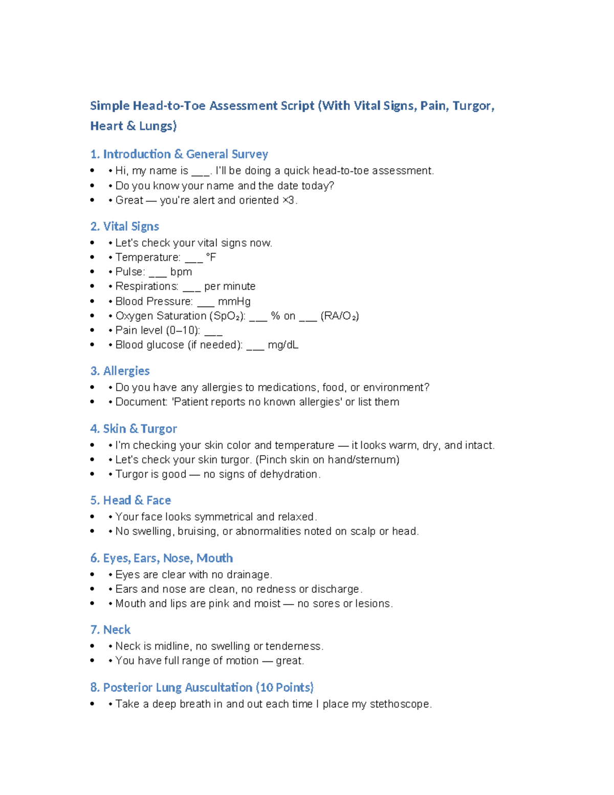 Head to Toe Assessment Script: Vital Signs & General Survey - Studocu