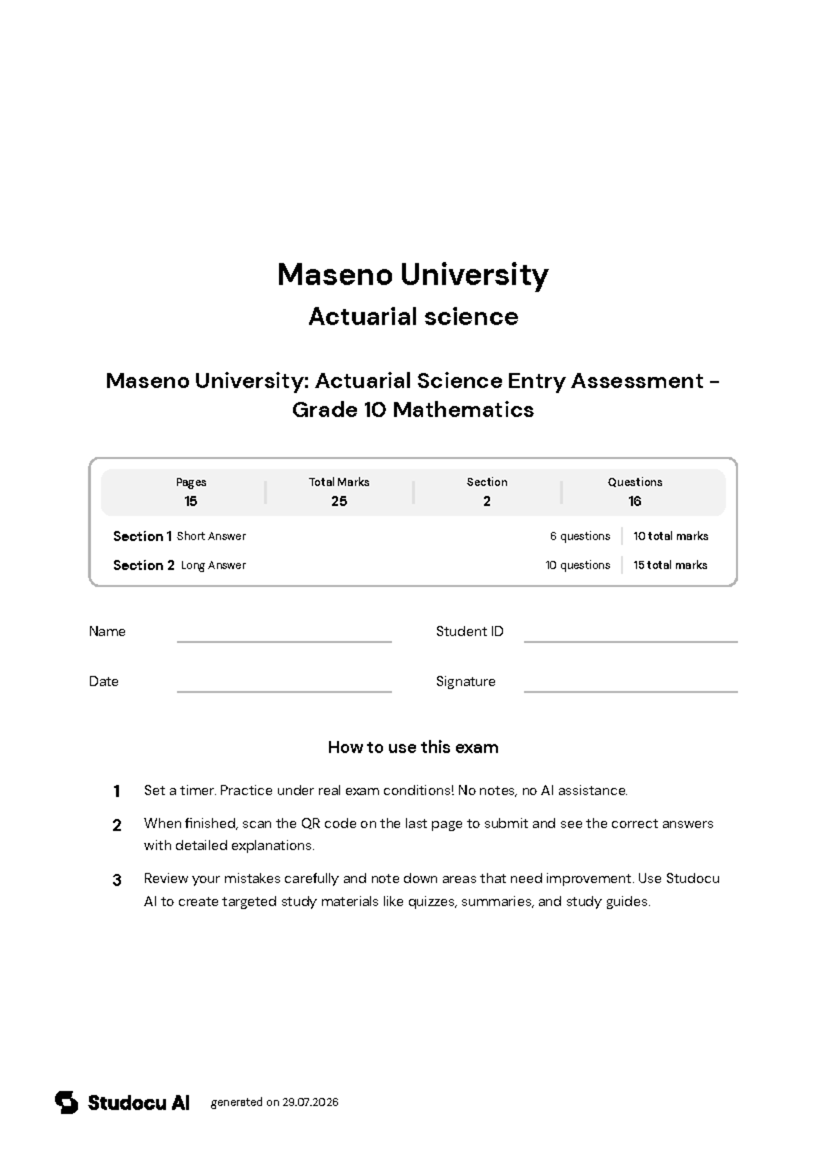Maseno University: Actuarial Science Entry Assessment - Grade 10 Math ...