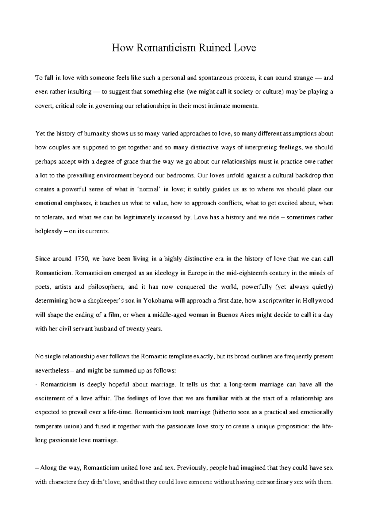 The Impact of Romanticism on Modern Love: A Critical Analysis - Studocu