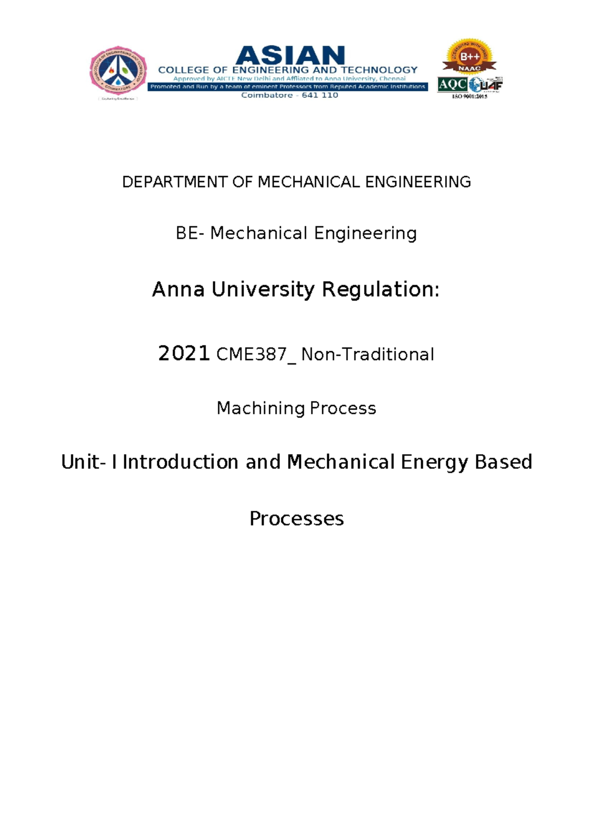 CME387 Handwritten Notes UNIT I - Mechanical engineering - DEPARTMENT ...