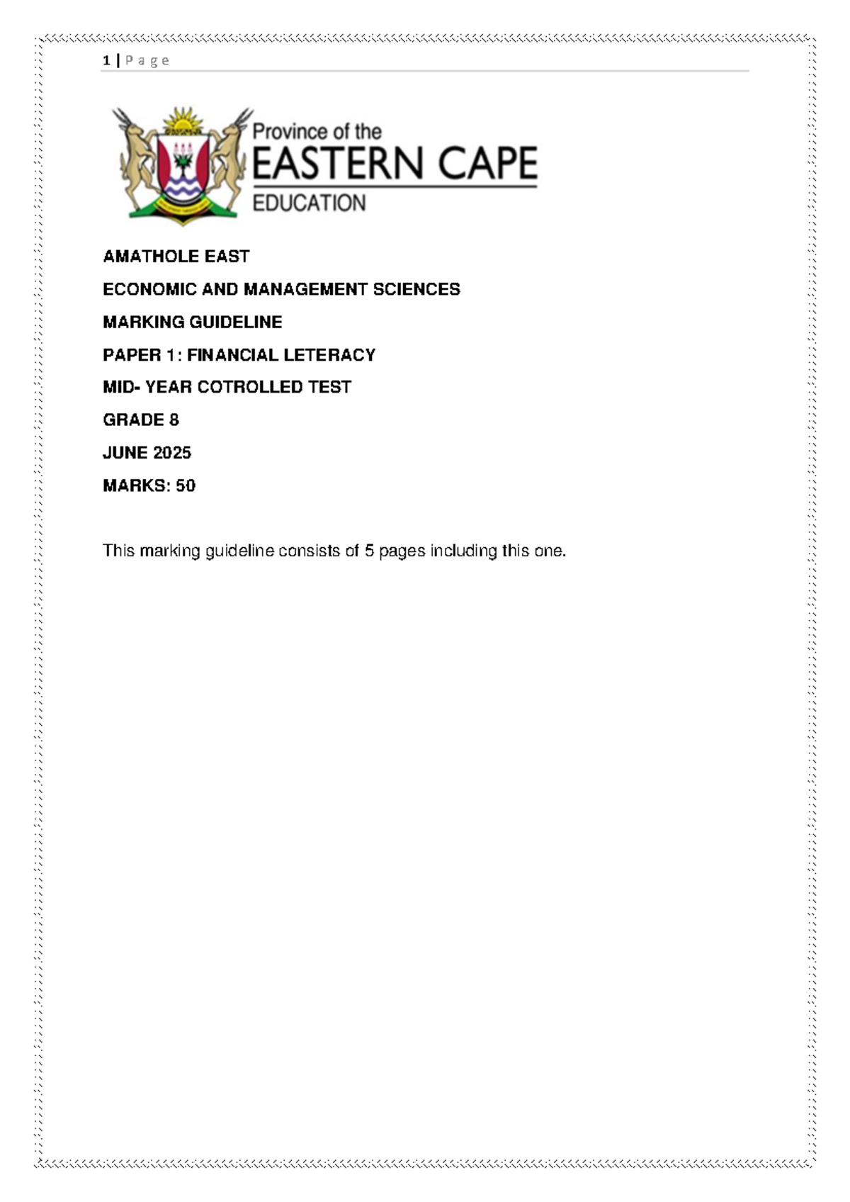 Grade 8 EMS P1 Marking Guideline: Financial Literacy June 2025 - Studocu