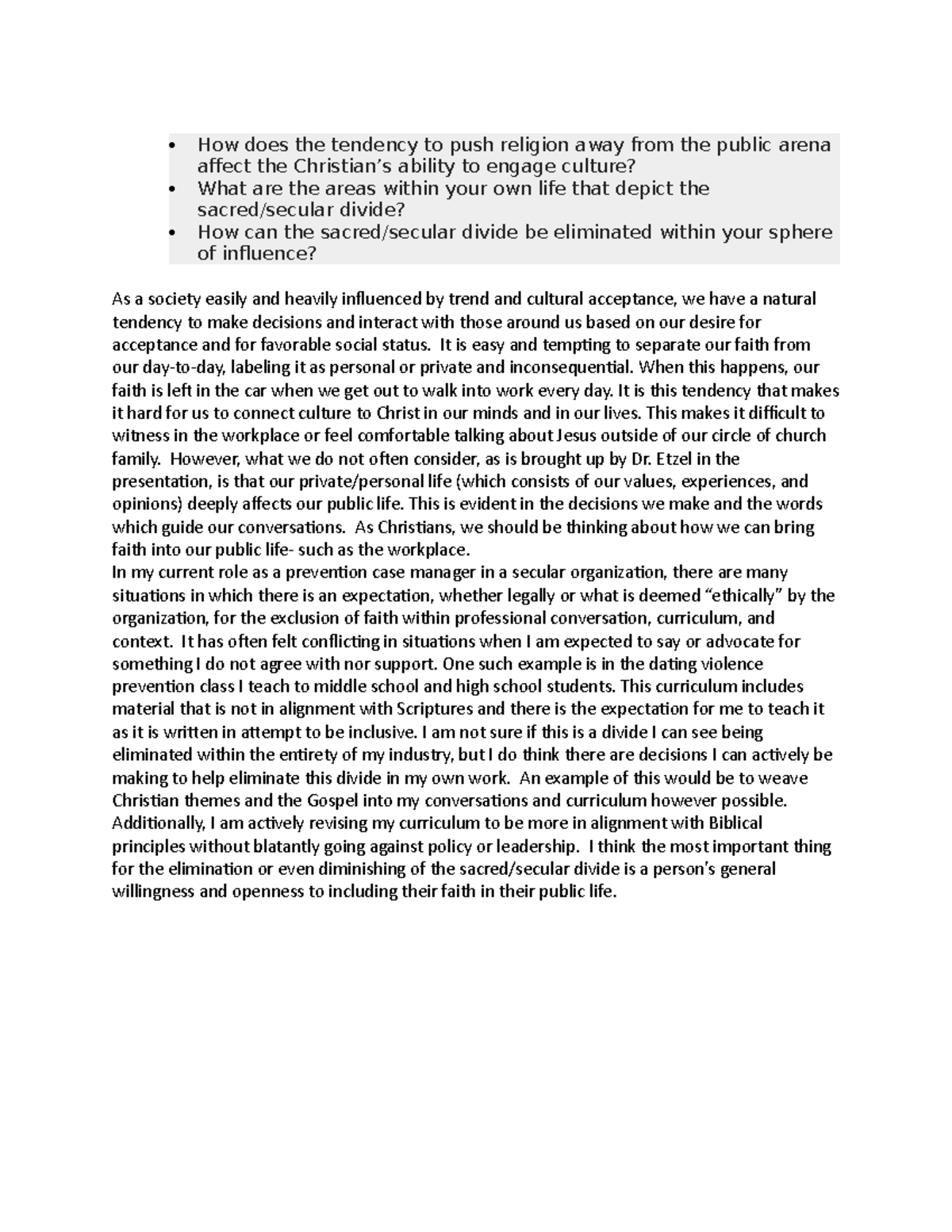 THEO104 Secular:Sacred Divide DB - How does the tendency to push ...
