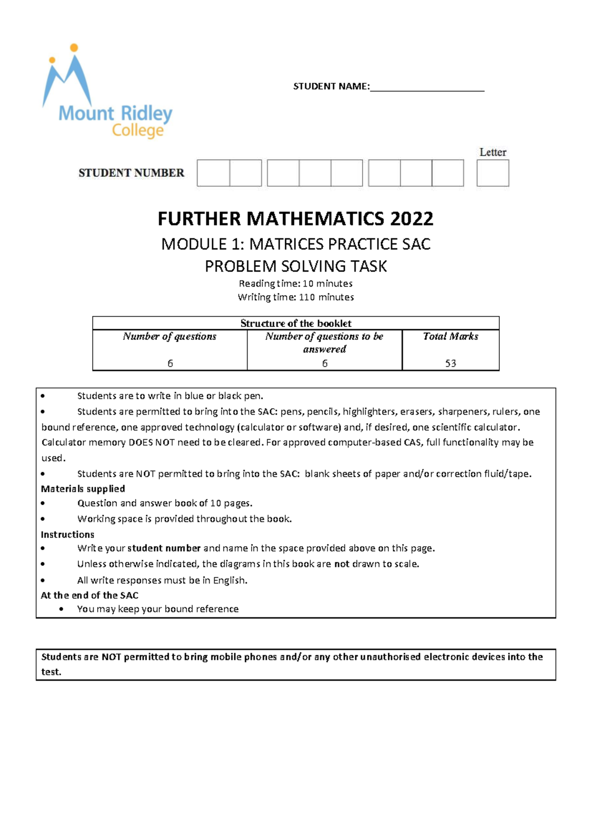 2022 Further Mathematics Module 1: Matrices Practice SAC - Studocu