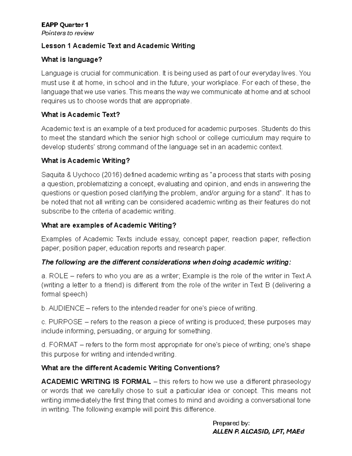 EAPP Q1 Review: Academic Texts & Writing Techniques - Studocu