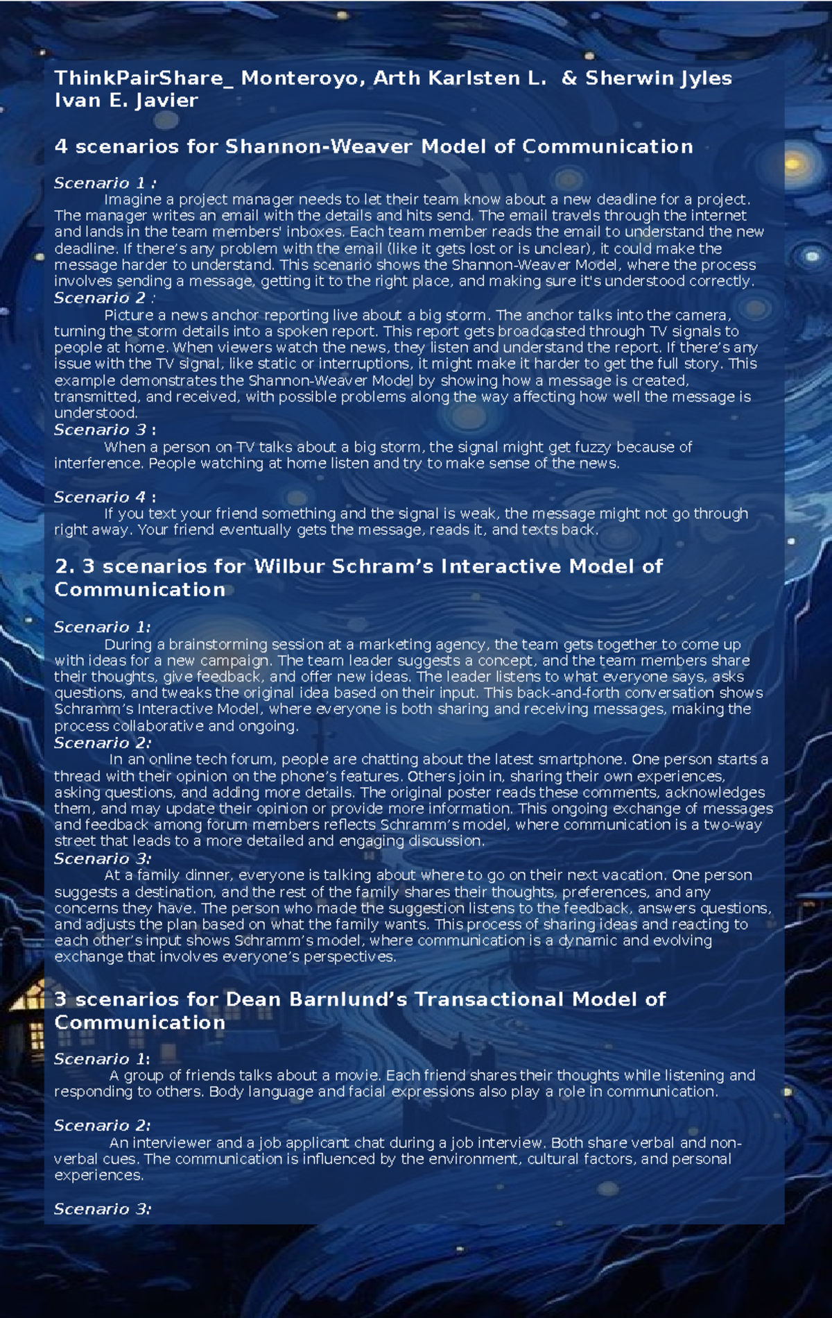 Communication Models: Scenarios Illustrating Shannon-Weaver & Schramm ...