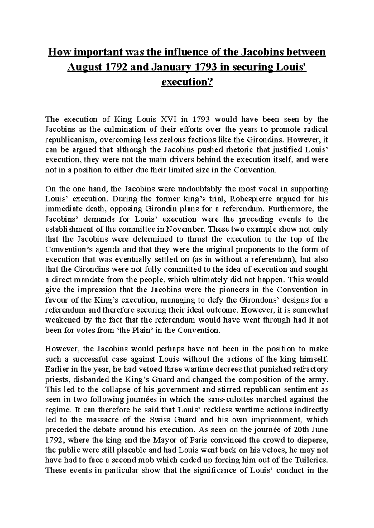 Jacobin Influence on King Louis XVI's Execution (HIST 101 Essay) - Studocu