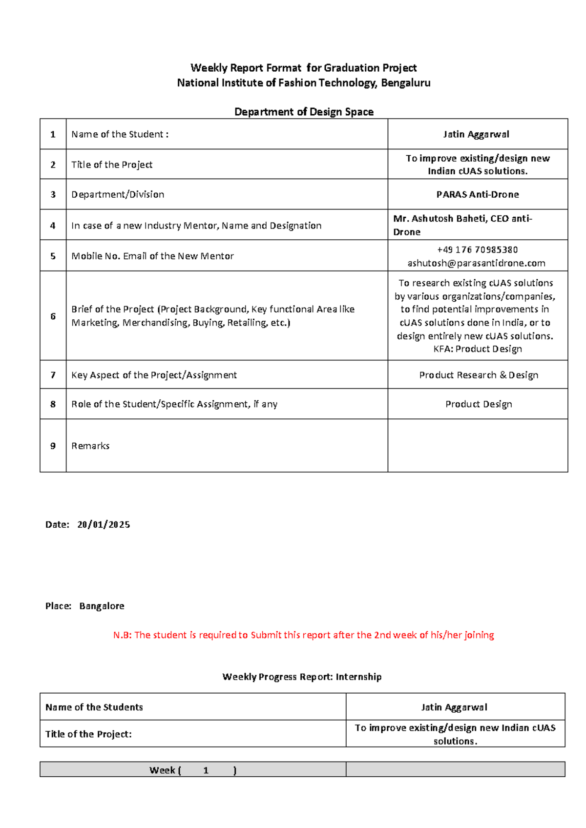 Weekly Progress Report Format for Graduation Project (NIFT) - Studocu