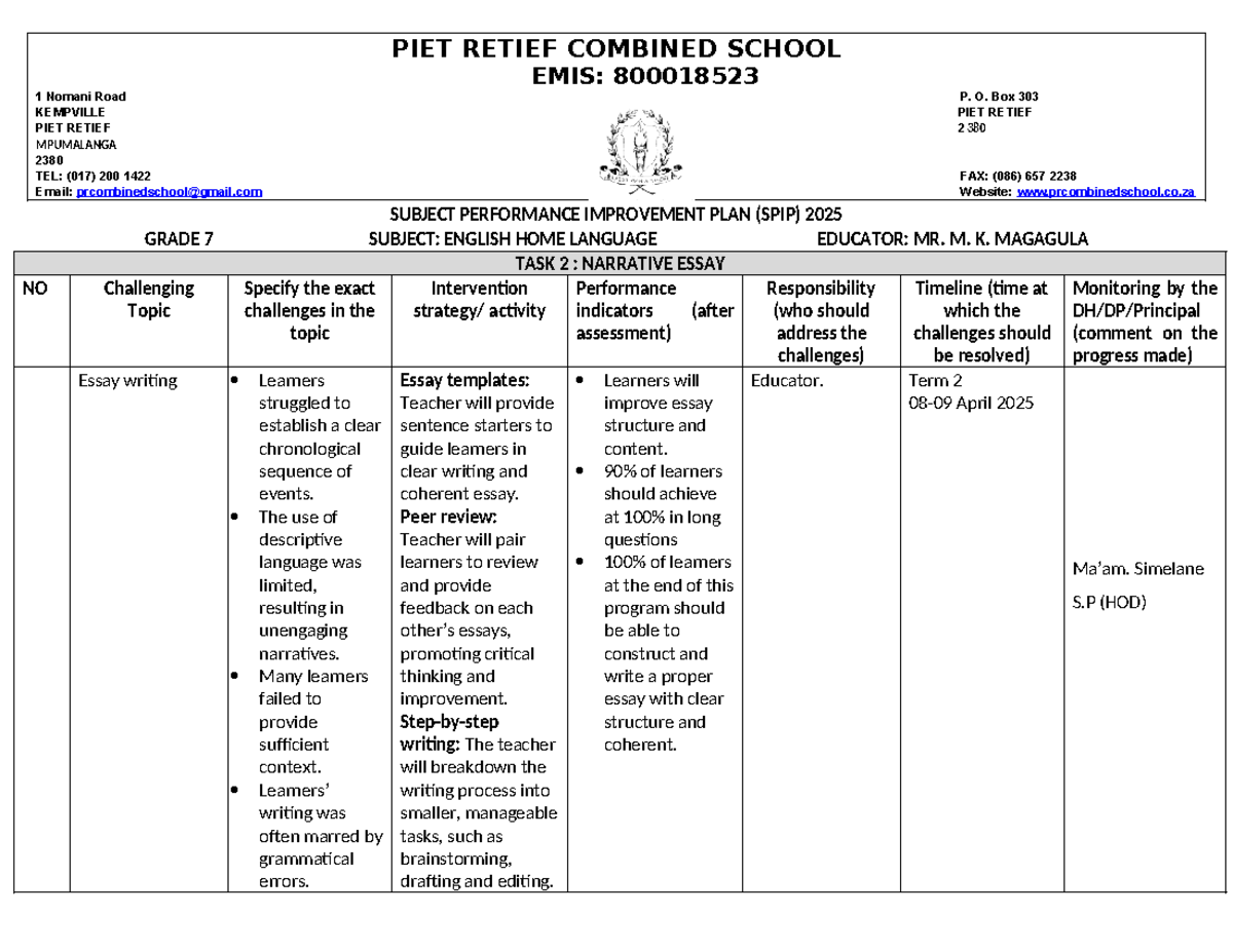SPIP ENG HL G4 - G7 Narrative Essay Performance Improvement Plan - Studocu