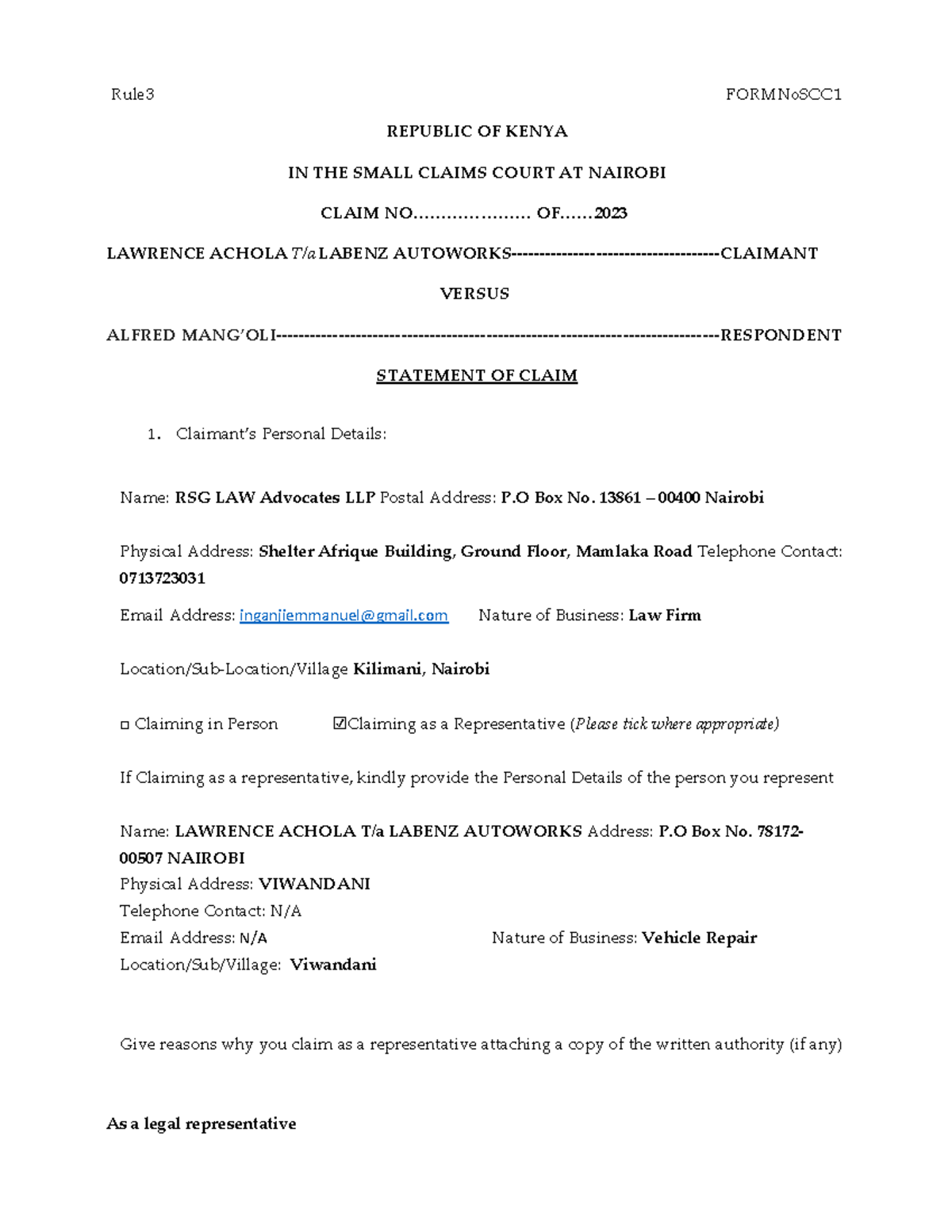 Statement of Claim - Small Claims Court - CA No. 23 - Kenya - Studocu