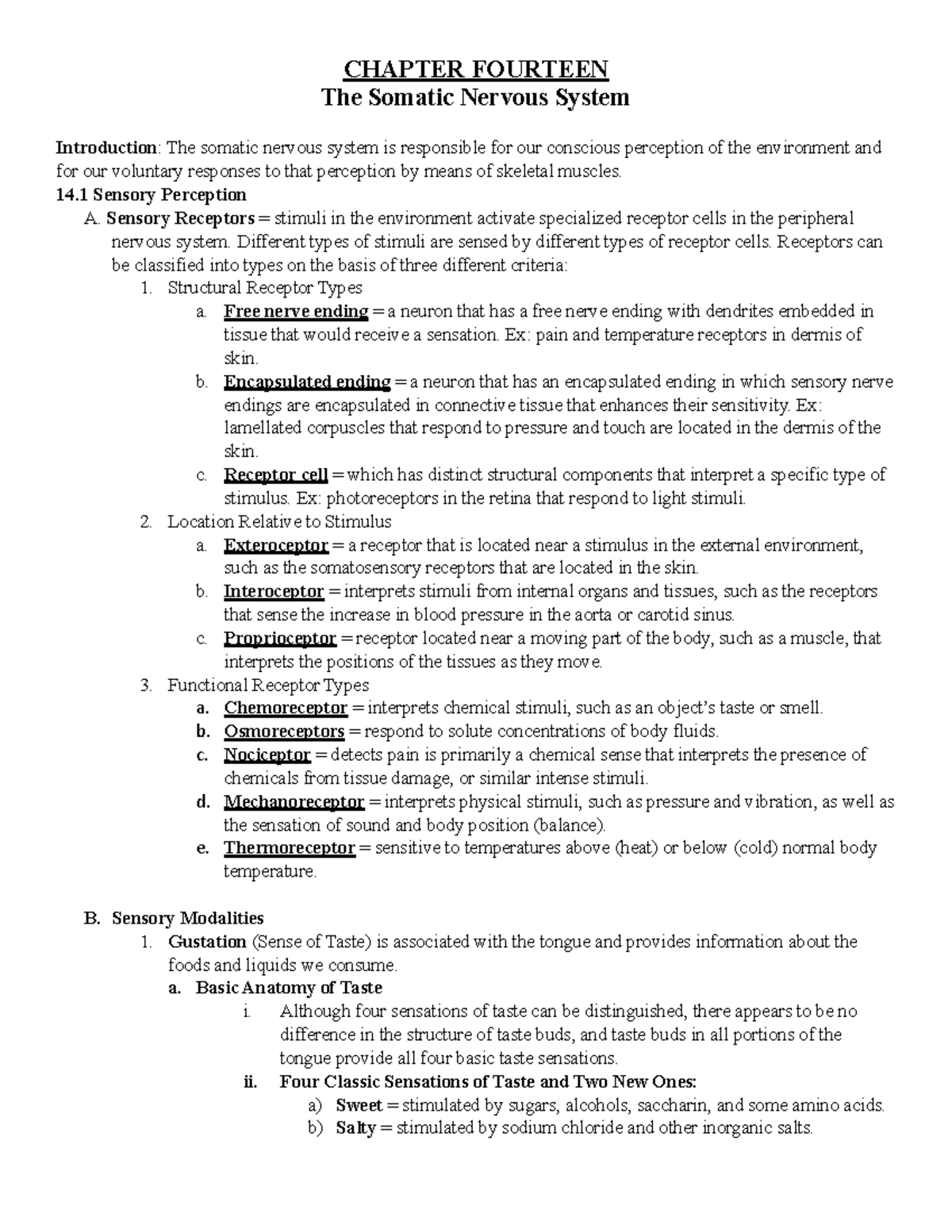 Chapter 14 Outline somatic nervous system - CHAPTER FOURTEEN The ...