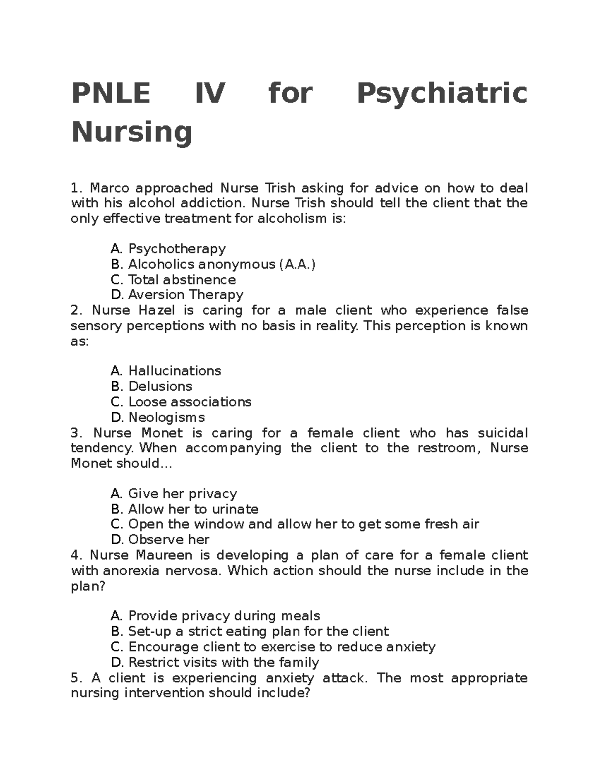 PNLE IV Psychiatric Nursing: Exam Questions & Rationales - Studocu