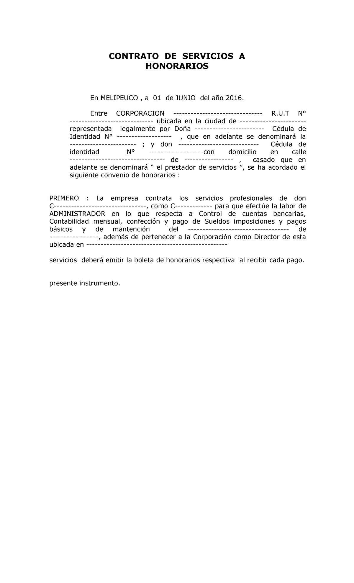 Contrato de Honorarios para Servicios Profesionales en MELIPEUCO - Studocu
