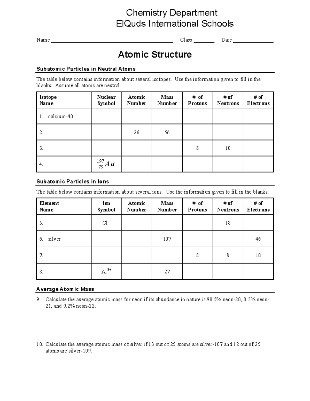 Worksheet - Atomic Structure (Chemistry 101) - Studocu