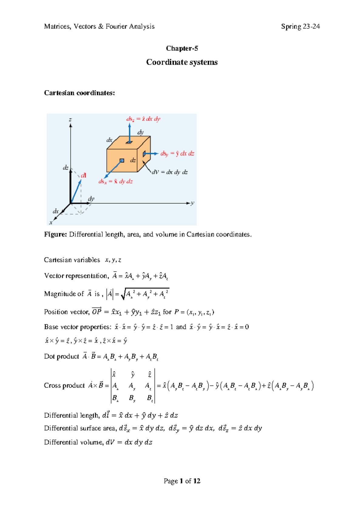 Coordinate System - Matrices, Vectors, Fourier analysis (MAT 2202 ...