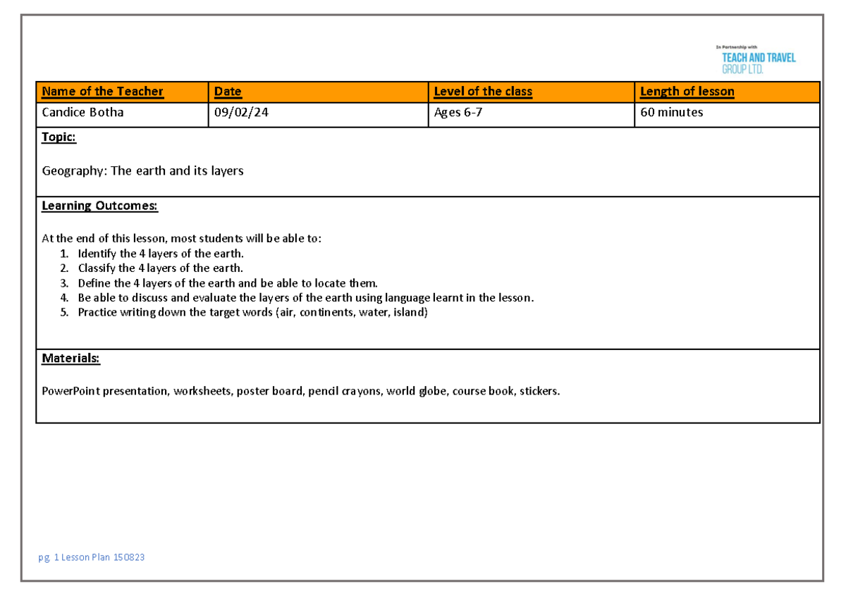 ENG 101 Lesson Plan - Geography: The Earth and Its Layers - Assignment ...