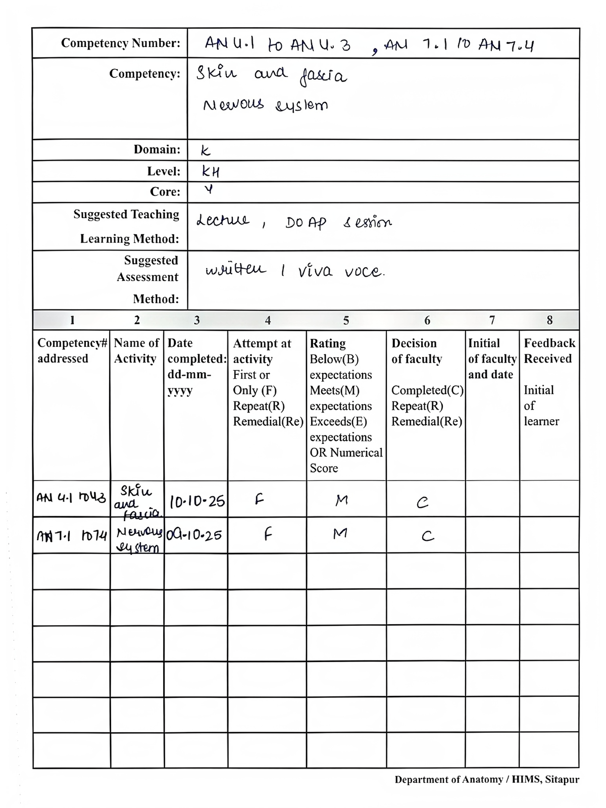 Competency Assessment Logbook for Anatomy Course AN 2101 - Studocu