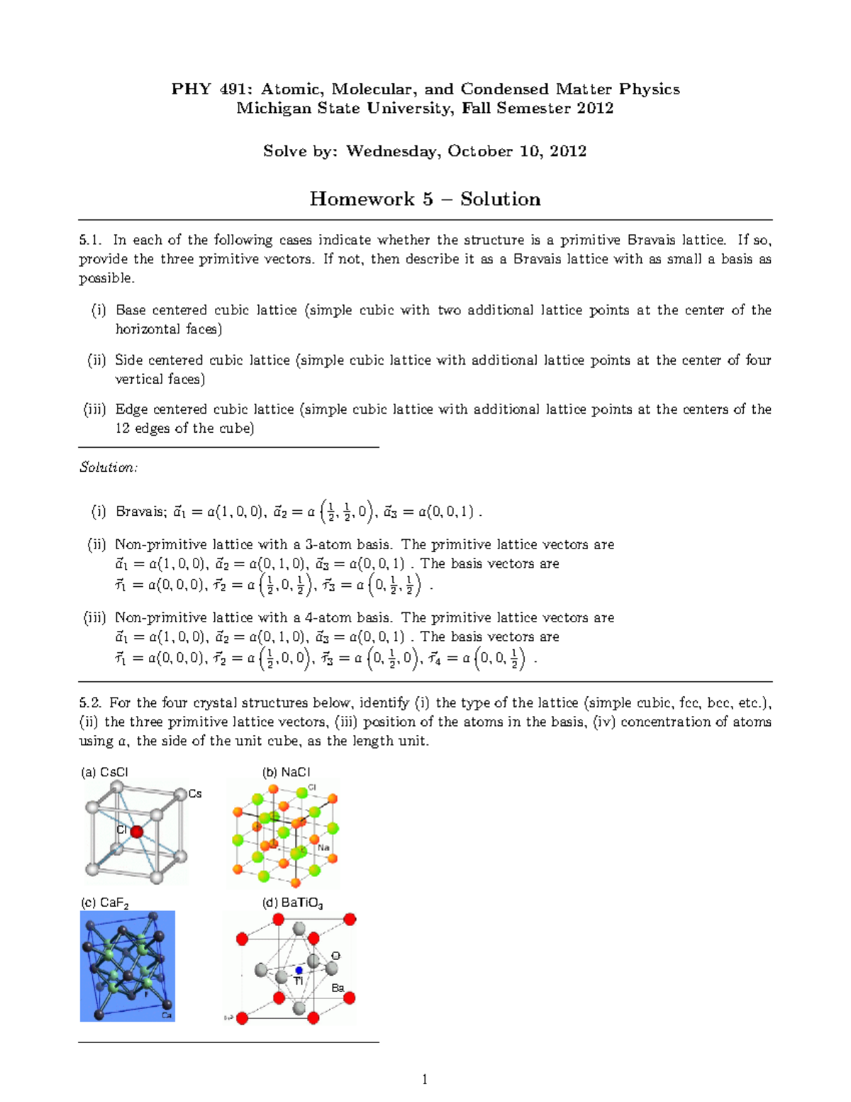 PHY 491: Homework 5 Solutions on Bravais Lattices and Crystal ...