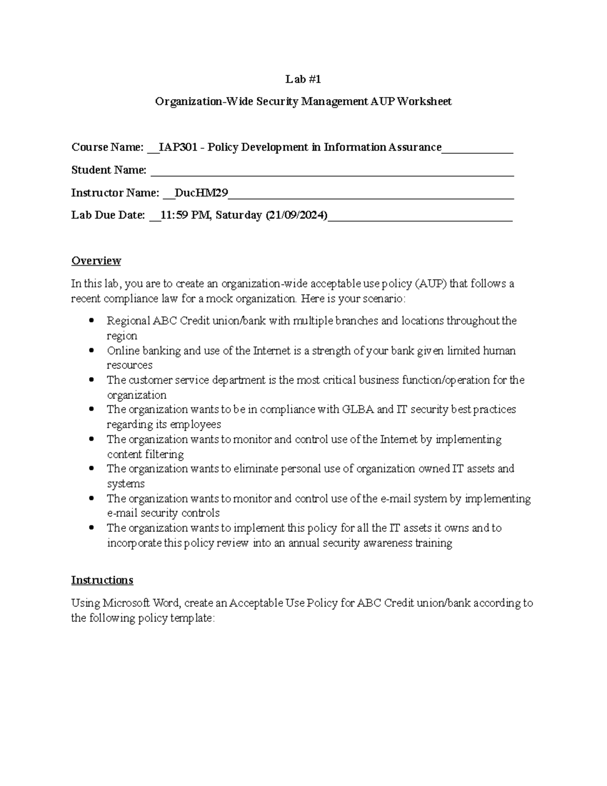 Lab1 - IAP - Lab Organization-Wide Security Management AUP Worksheet ...