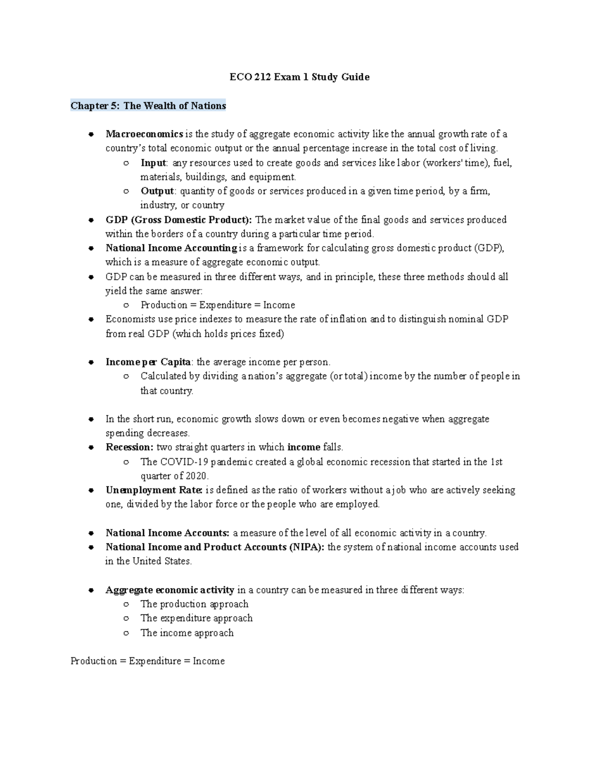 ECO 212 Exam 1 Study Guide: Key Concepts in Macroeconomics and GDP ...