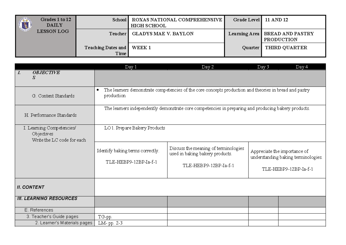 Week 1 Daily Lesson Log for BREAD AND PASTRY PRODUCTION (Grades 11-12 ...