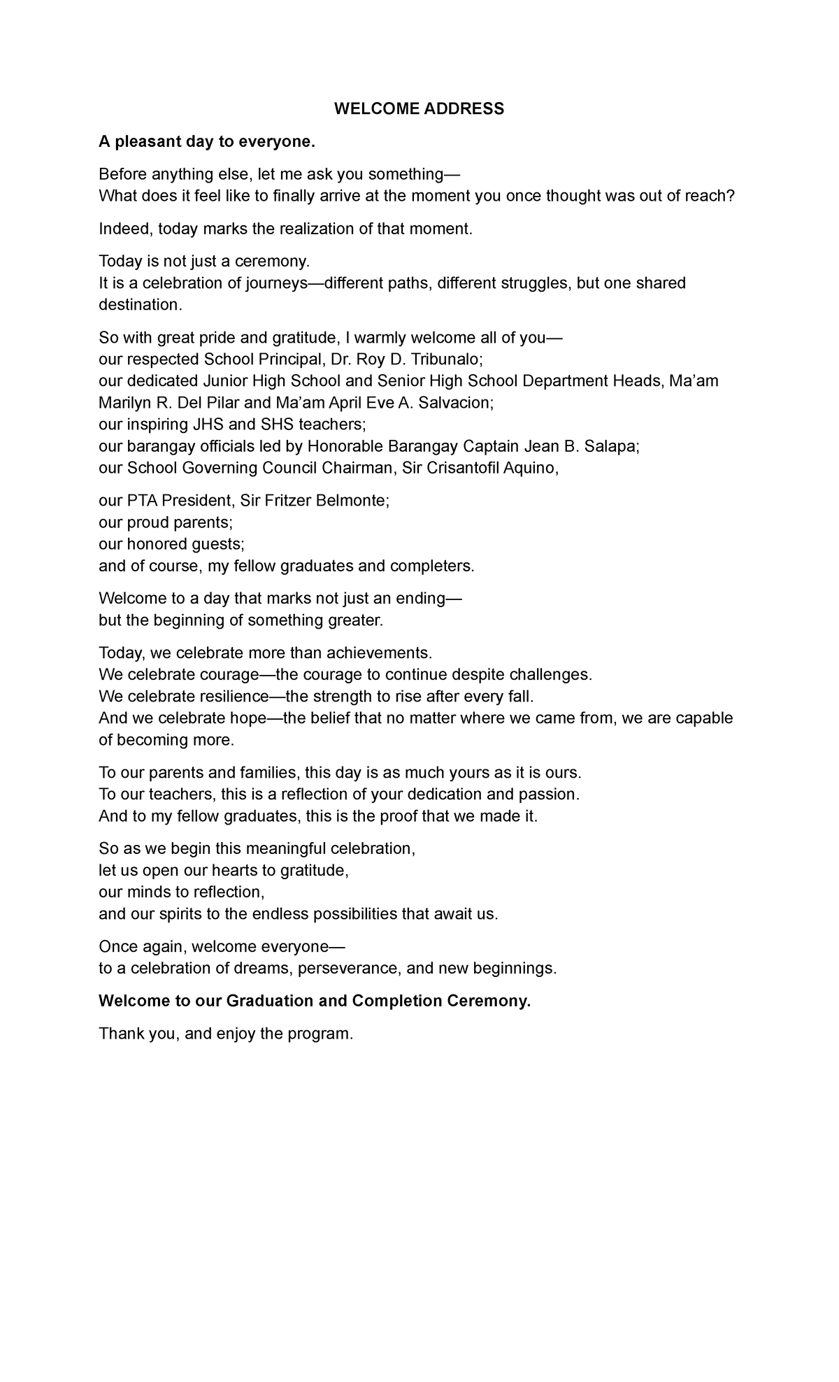Graduation Ceremony Welcome Address - Inspiring Speech - Studocu