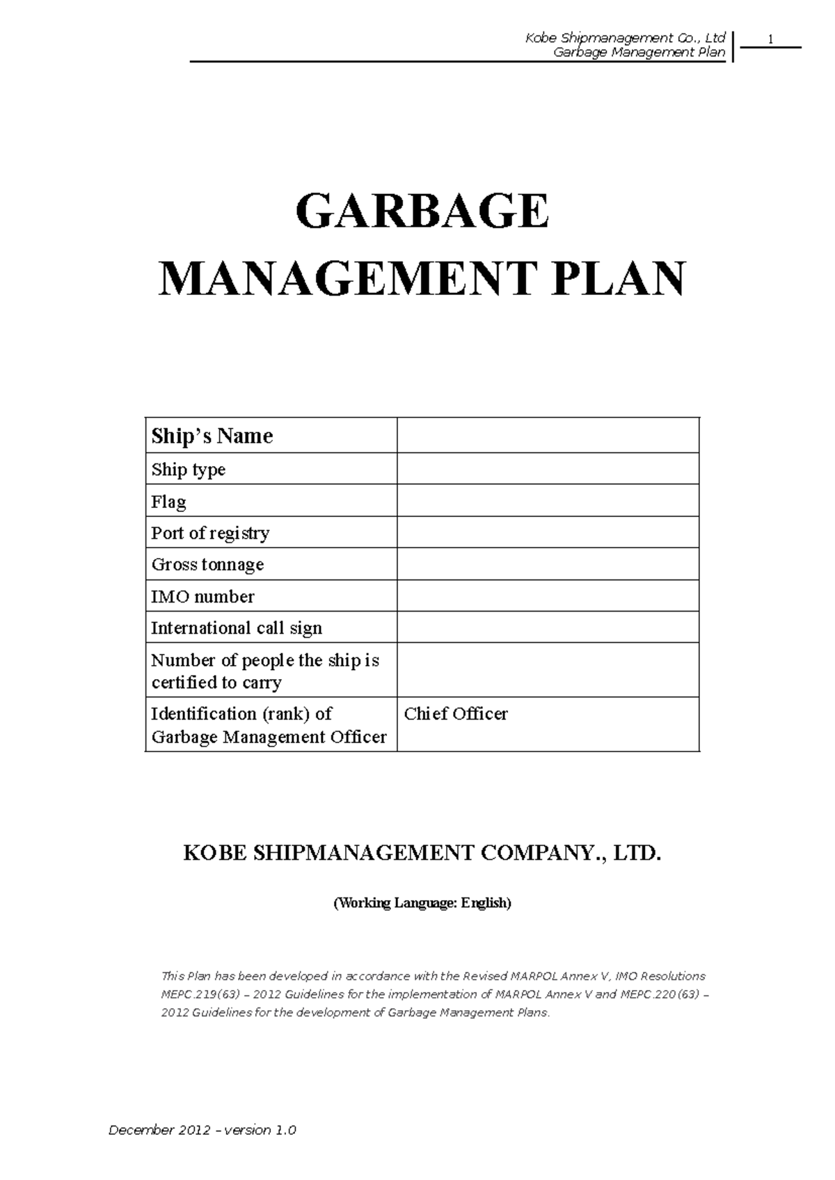 Garbage Management Plan: Compliance with MARPOL Standards for Vessels ...