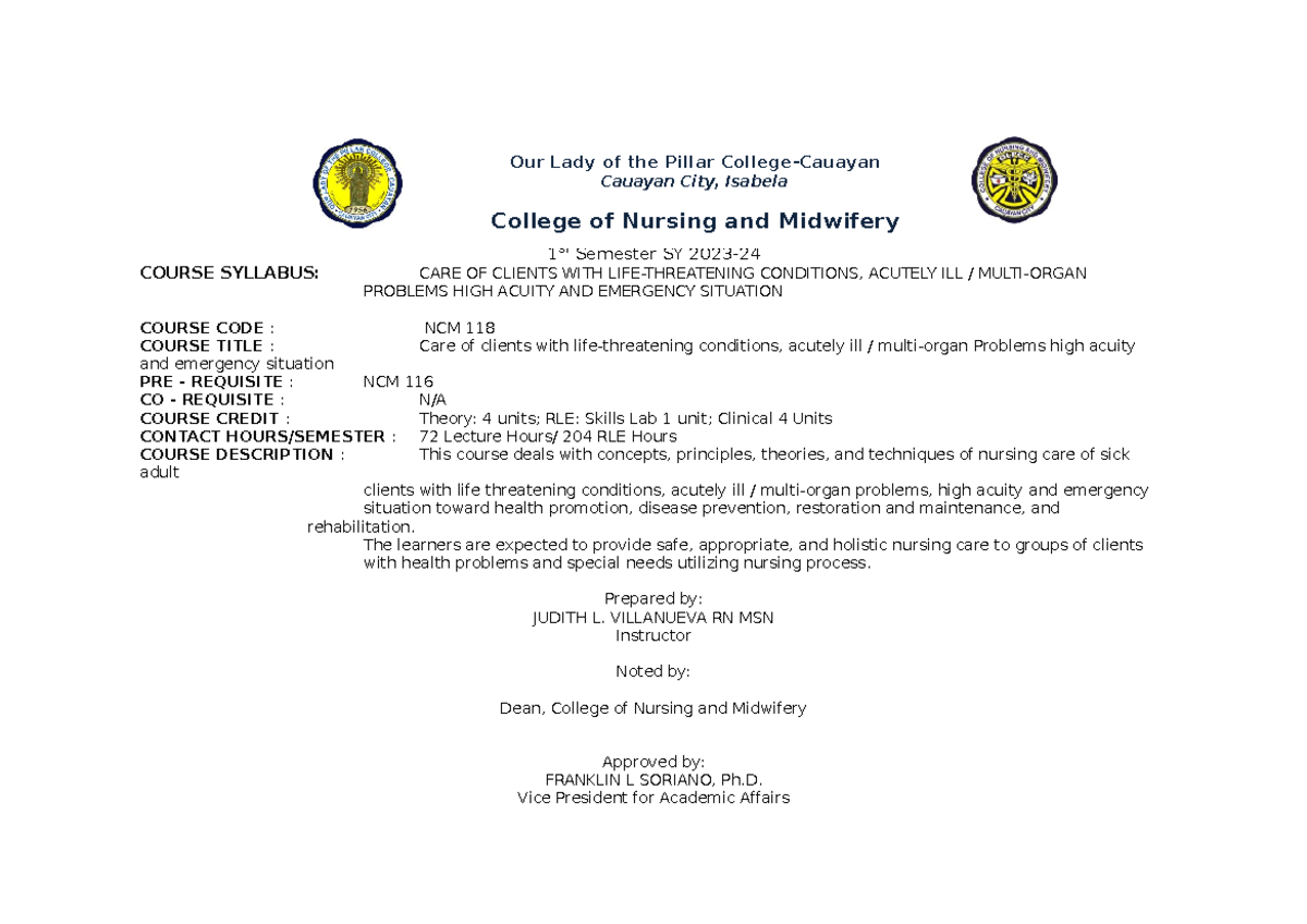 NCM 118 - Care of Clients with Life-Threatening Conditions: Syllabus ...