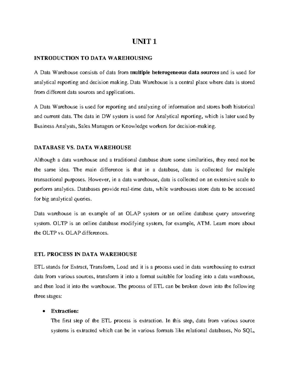 DMDW Notes: Unit 1 - Introduction to Data Warehousing Concepts - Studocu