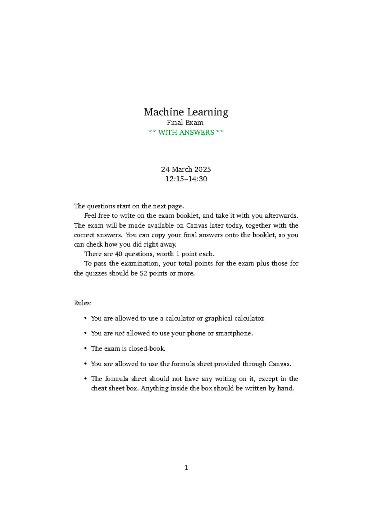 Machine Learning - Final Exam 2025 with Solutions and Key Topics ...