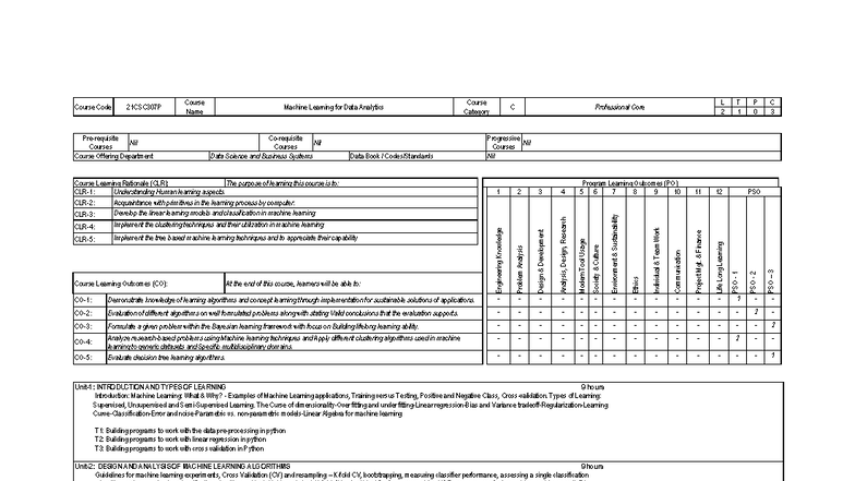 21CSC307P - Machine Learning for Data Analytics Syllabus - Studocu