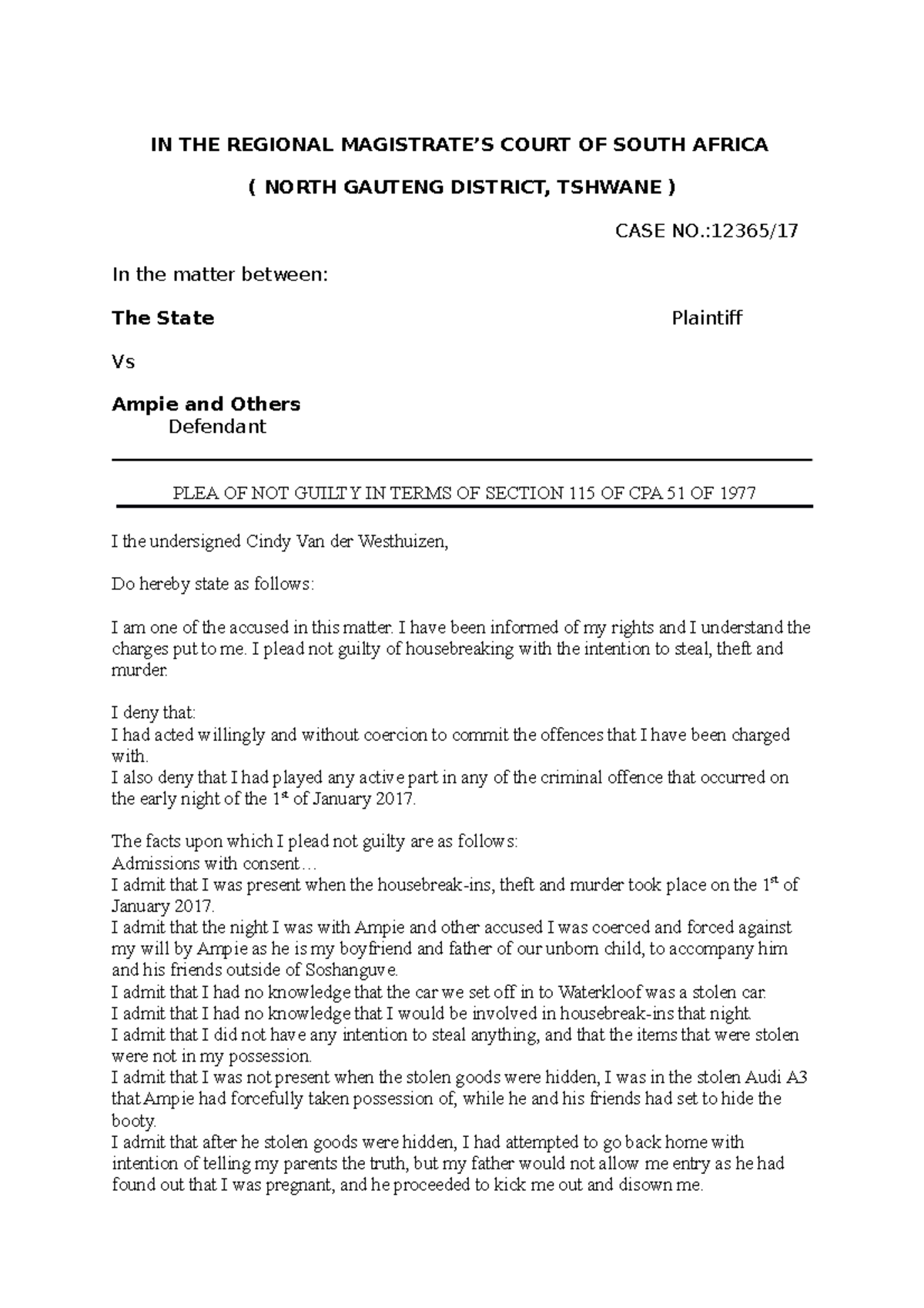 Not Guilty Plea Drafting - Regional Mag Court Case 12365 - Studocu
