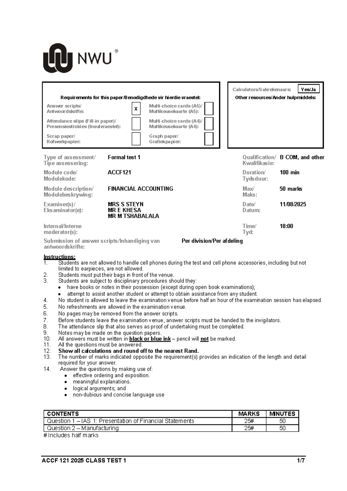 ACCF 121 2025 CLASS TEST 1: Financial Accounting Requirements and ...