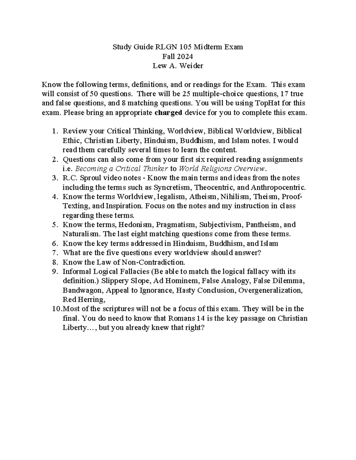 Study Guide RLGN 105 Midterm Exam - Weider Know the following terms ...
