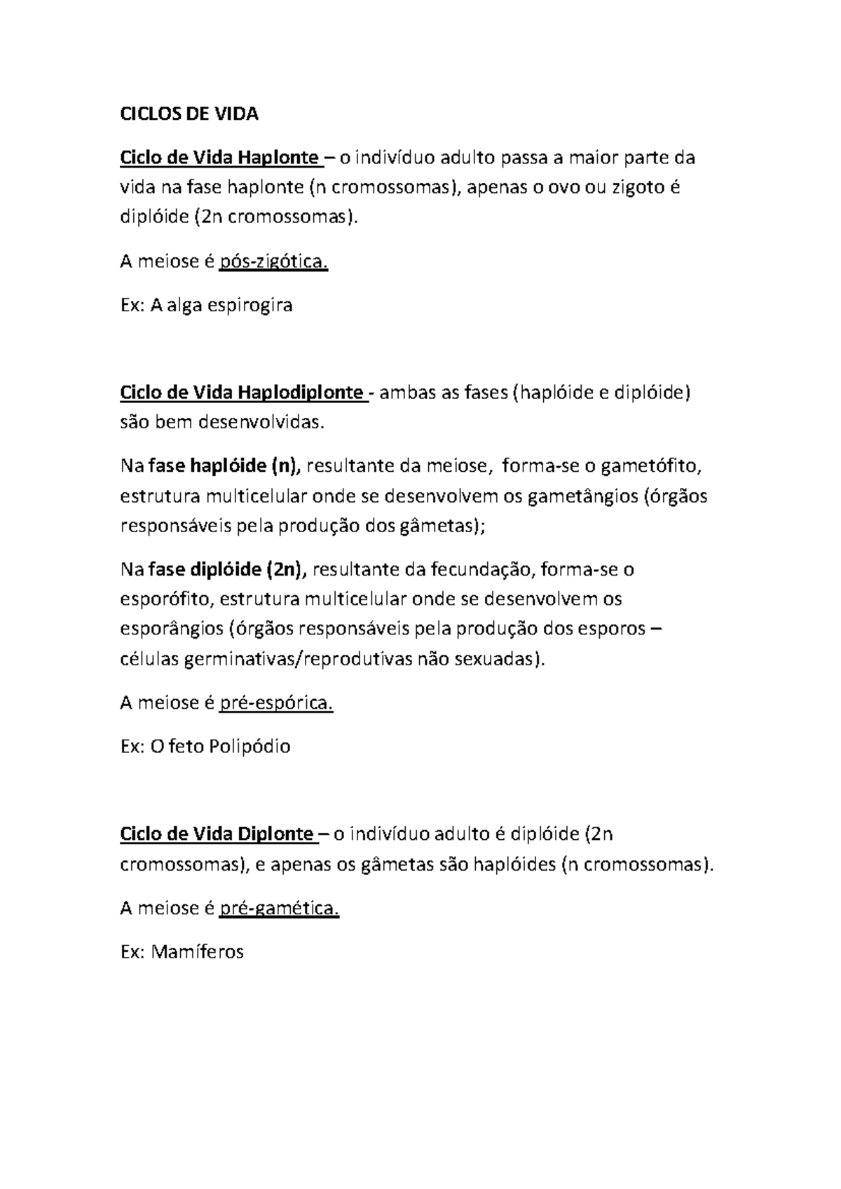 CICLOS DE VIDA: Resumo sobre Haplonte, Haplodiplonte e Diplonte - Studocu